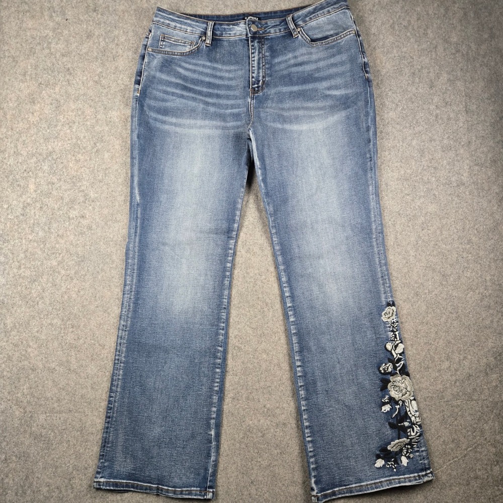 Flamingals Jeans Womens XXL 36x32 Blue Floral Embroidered Bootcut Stretch Boho